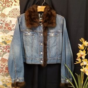 Cropped Denim Jacket w/ Removable Faux Fur Trim